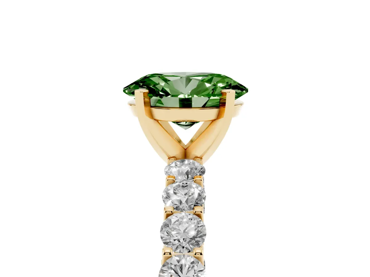 Fancy Green Oval Cut Diamond Solitaire Ring with Shared Prong Pavé Band and Four-Prong Setting Yellow gold