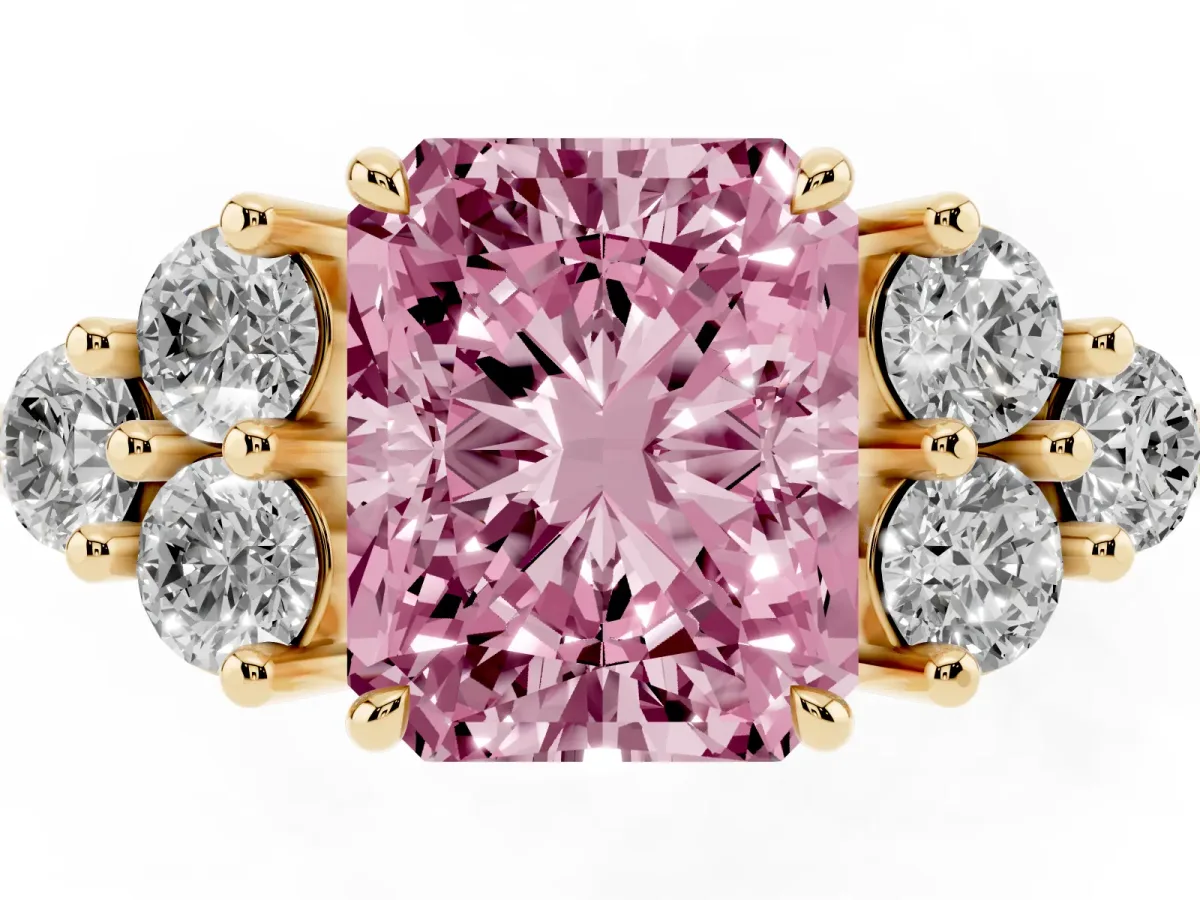 Fancy Pink Radiant Cut Brilliant Diamond Cluster Accent Solitaire Ring with Prong Setting Yellow gold