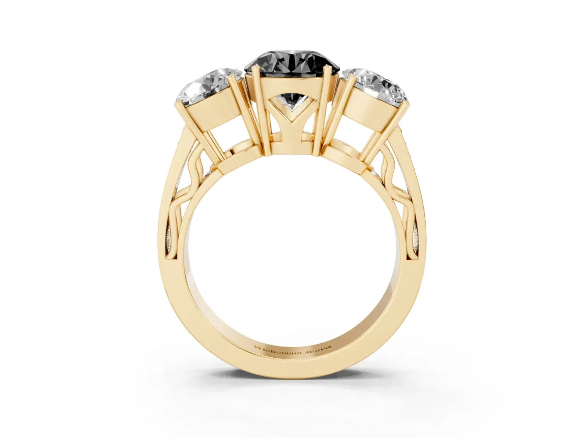 Fancy Black Round Cut Diamond Three-Stone Ring with Prong Setting and Textured Band Yellow gold