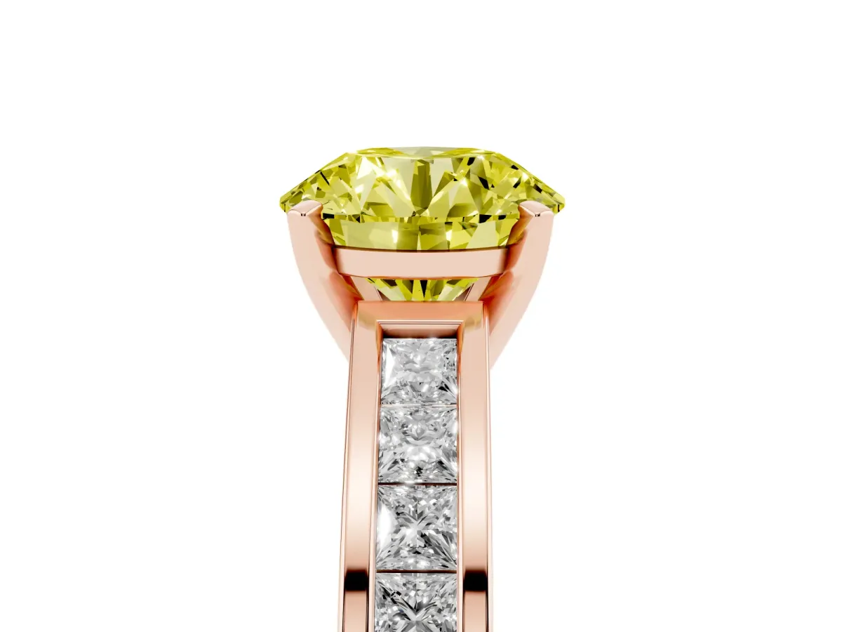 Fancy Yellow Round Cut Solitaire Diamond Ring with Channel-Set Band and Four-Prong Setting Rose gold