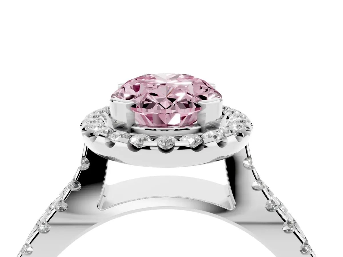 Fancy Pink Oval Cut Diamond Halo Ring with Split Shank Pavé Band and Prong Setting Silver
