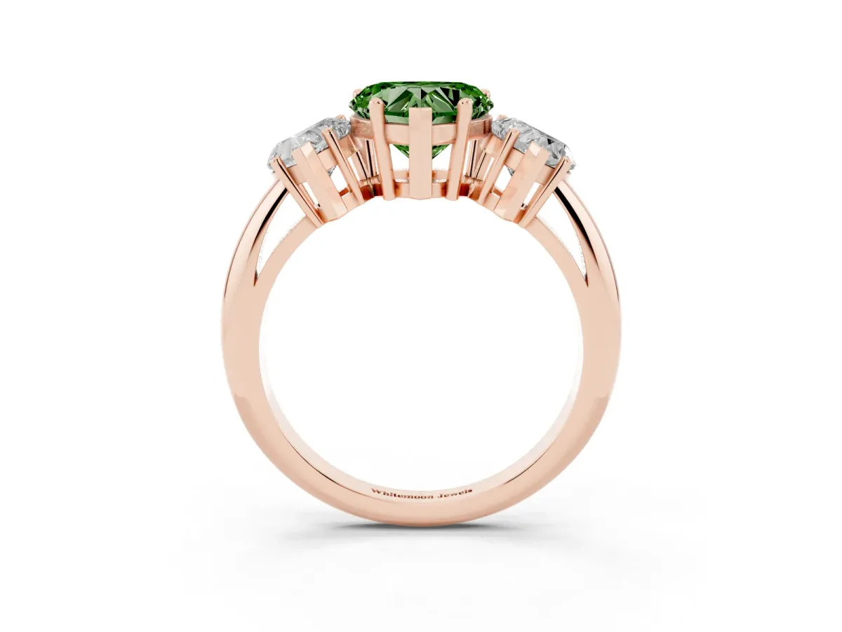 Fancy Green Three-Stone Heart Cut Cut Diamond Engagement Ring with Prong Setting on a White Gold Band Rose gold