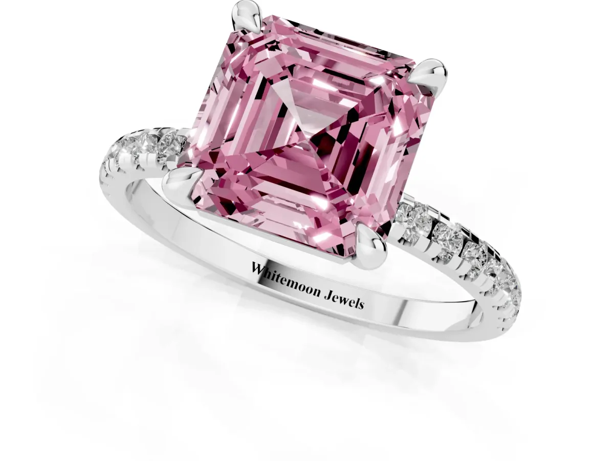 Fancy Pink Asscher Cut Diamond Brilliant Solitaire Ring with Pavé Band and Four-Prong Setting Silver