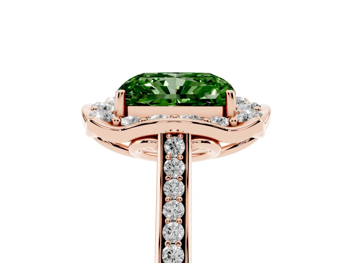 Fancy Green Radiant Cut Halo Round Diamond Pave Band with Four-Prong Setting Rose gold