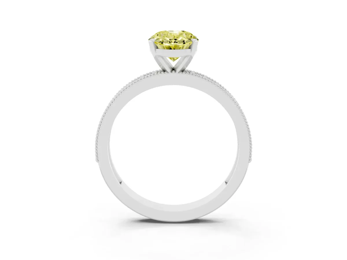 Fancy Yellow Oval Cut Diamond Milgrain Pavé Engagement Ring with Four-Prong Setting Silver
