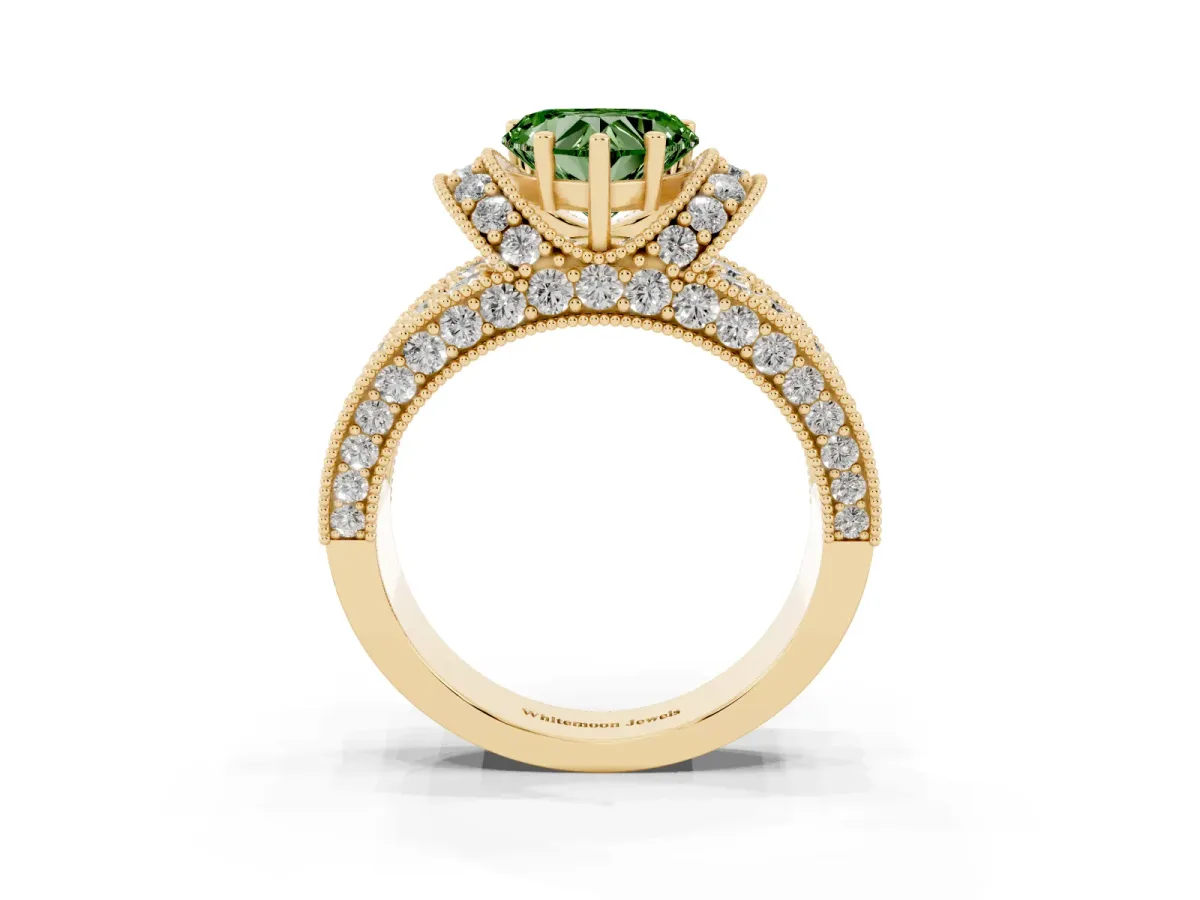 Fancy Green Heart Cut Halo Pave Diamond Engagement Ring with Milgrain Detailing Yellow gold