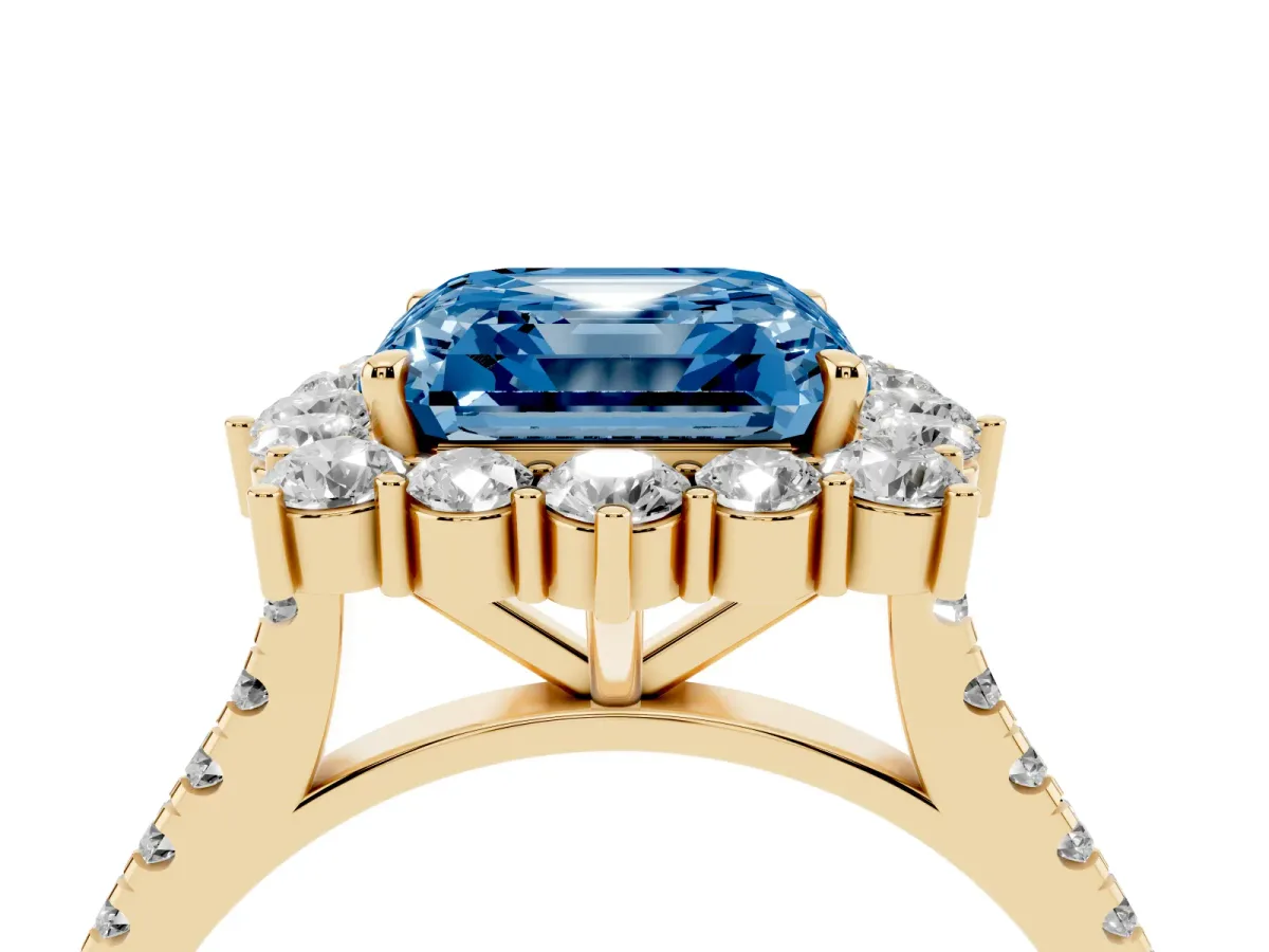 Fancy Blue Asscher Cut Halo Diamond Ring with Pavé Band and Prong Setting Yellow gold