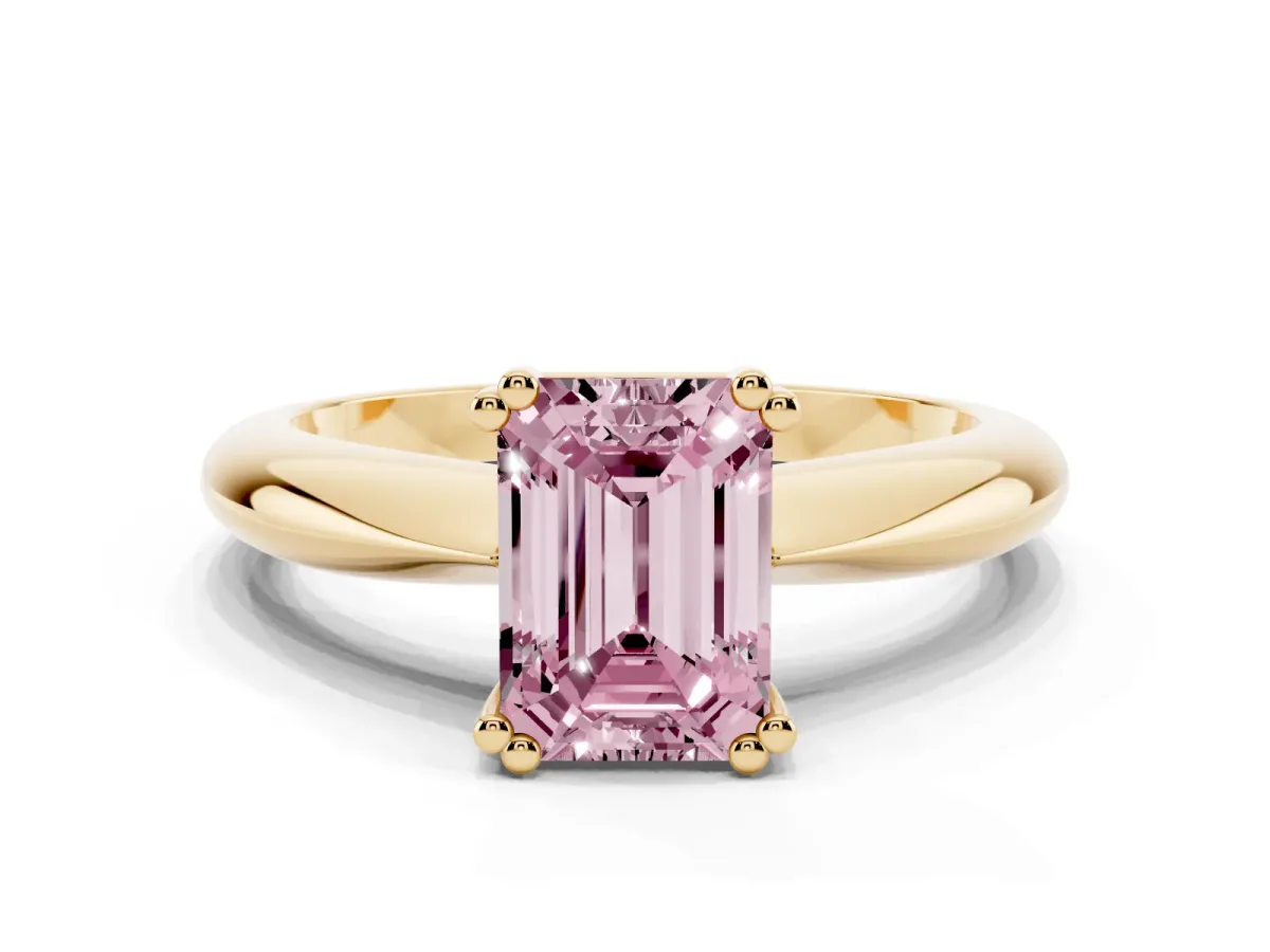 Fancy Pink Emerald Cut Cut Solitaire Engagement Ring with Tapered Band and Four-Prong Setting Yellow gold