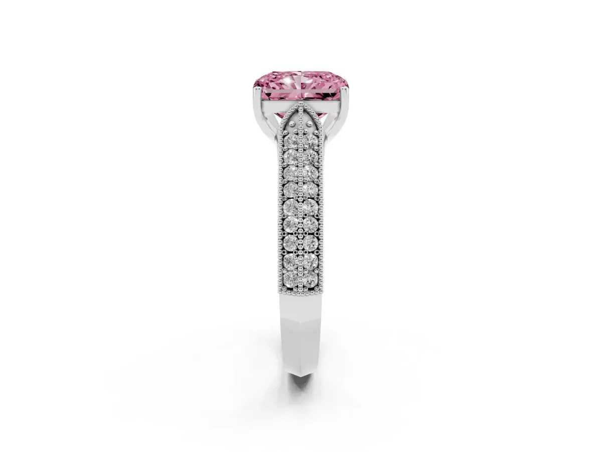 Fancy Pink Radiant Cut Cut Pave Split Shank Engagement Ring with Four-Prong Setting White gold