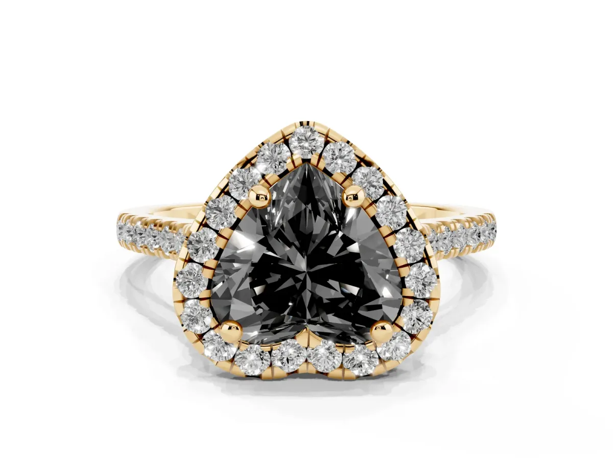 Fancy Black Heart Cut Diamond Cushion Halo Ring with Pavé Band Yellow gold