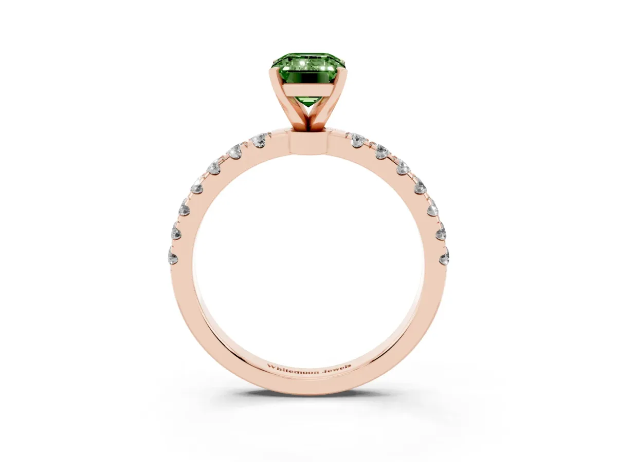 Fancy Green Emerald Cut Diamond Solitaire Ring with Pavé Accents and Four-Prong Setting Rose gold