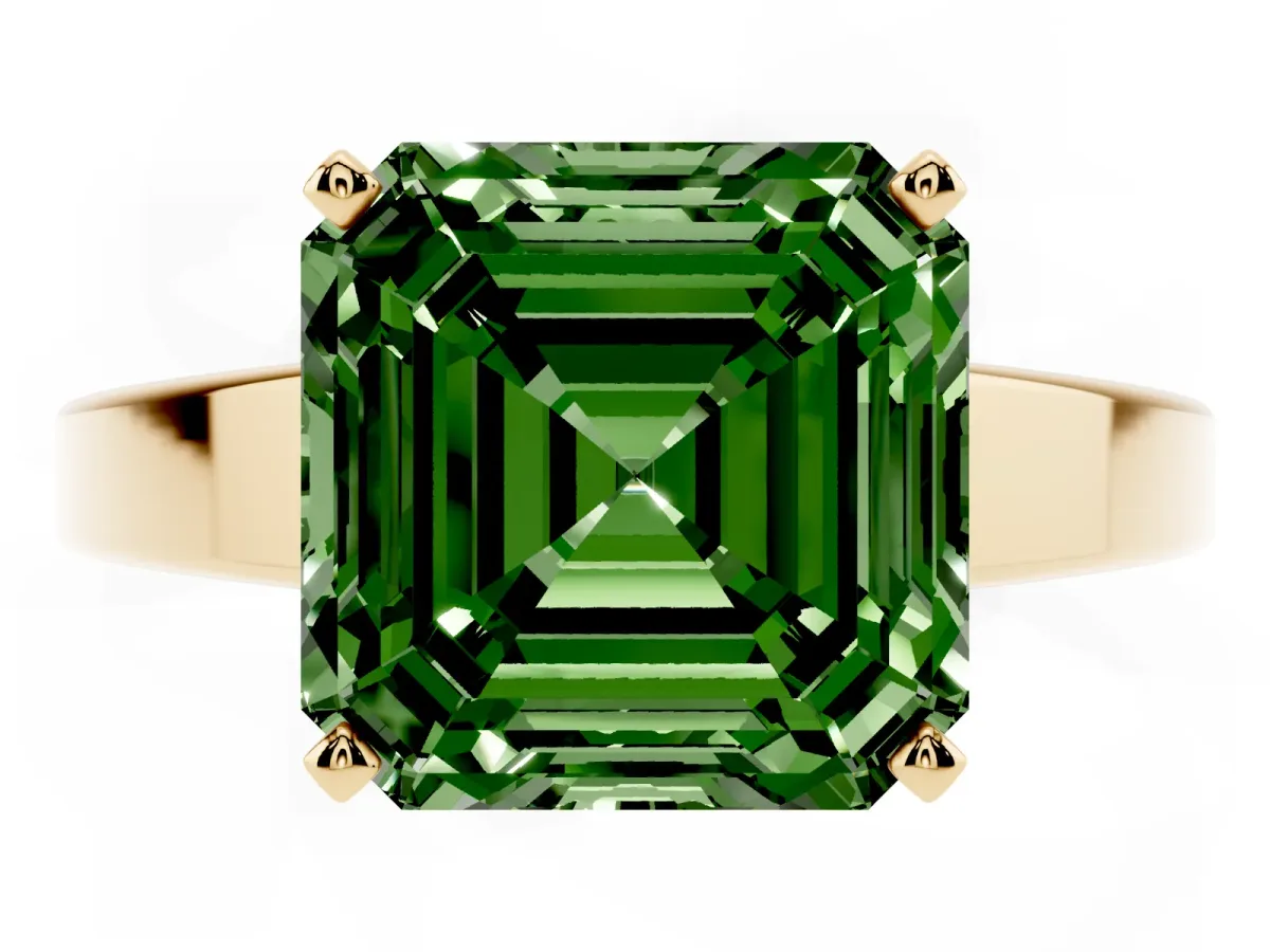 Fancy Green Asscher Cut Solitaire Engagement Ring with Four-Prong Setting and Tapered Band Yellow gold