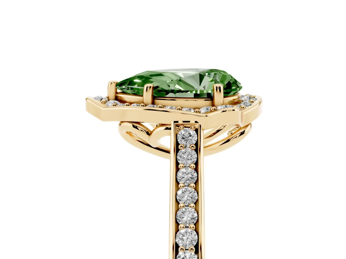 Fancy Green Pear Cut Halo Round Diamond Pave Band with Four-Prong Setting Yellow gold