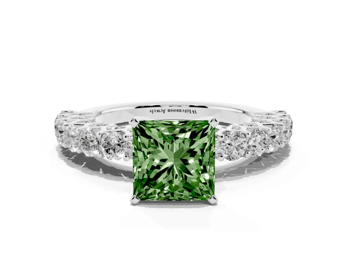 Fancy Green Princess Cut Diamond Solitaire Ring with Shared Prong Pavé Band and Four-Prong Setting Silver