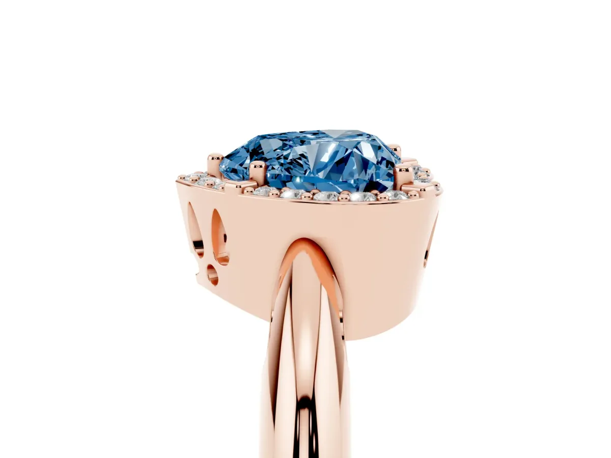 Fancy Blue Heart Cut Cut Diamond Halo Engagement Ring with Split Shank and Four-Prong Setting Rose gold