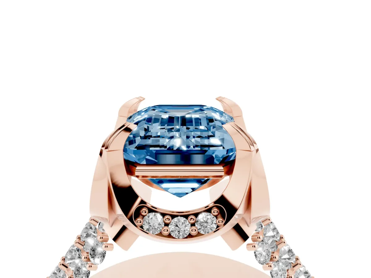 Fancy Blue Emerald Cut Solitaire Pave Split Shank Ring with Four-Prong Setting Rose gold