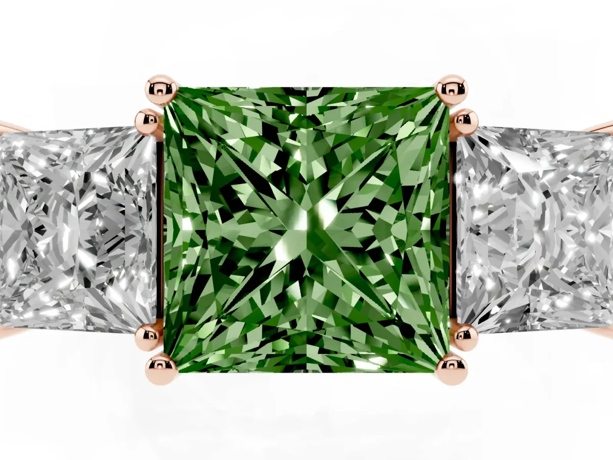 Fancy Green Three-Stone Princess Cut Cut Diamond Engagement Ring with Flat Band and Four-Prong Setting Rose gold