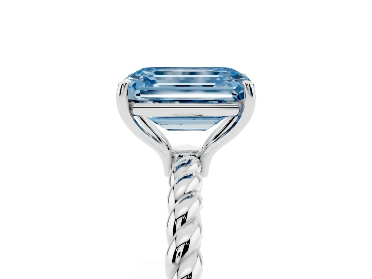 Fancy Blue Emerald Cut Solitaire Twisted Band 4-Prong Ring Silver