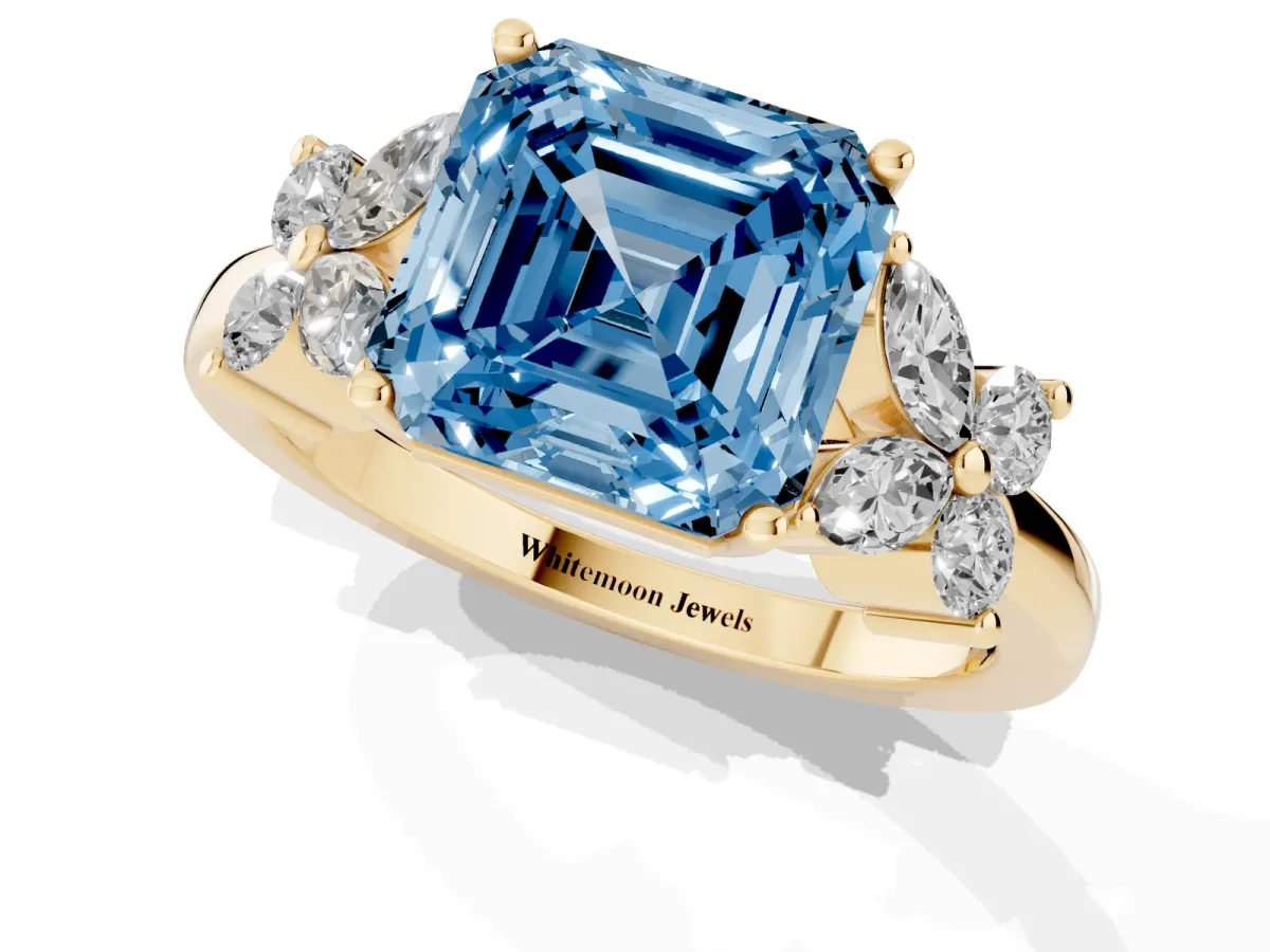 Fancy Blue Asscher Cut Diamond Floral Cluster Ring with Solitaire Band and Prong Setting Yellow gold