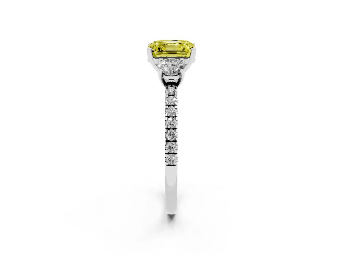 Fancy Yellow Three-Stone Asscher Cut Cut Diamond Pavé Band with Prong Setting Silver