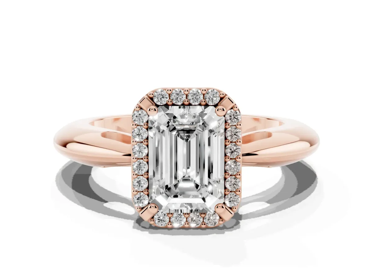 Emerald Cut Cut Diamond Halo Engagement Ring with Split Shank and Four-Prong Setting Rose gold