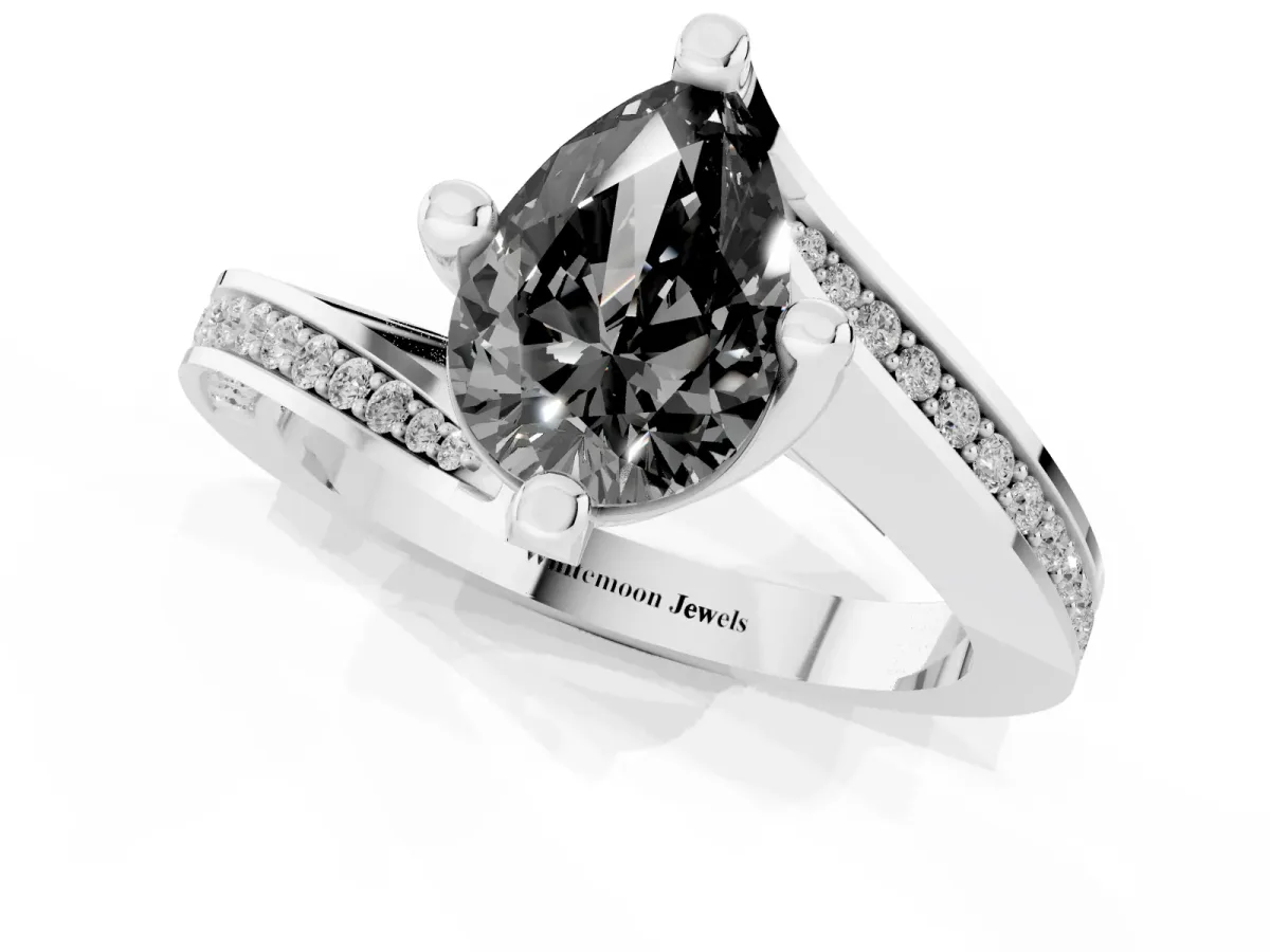 Fancy Black Pear Cut Solitaire Diamond Twist Band with Pavé Setting and Four-Prong Setting Silver
