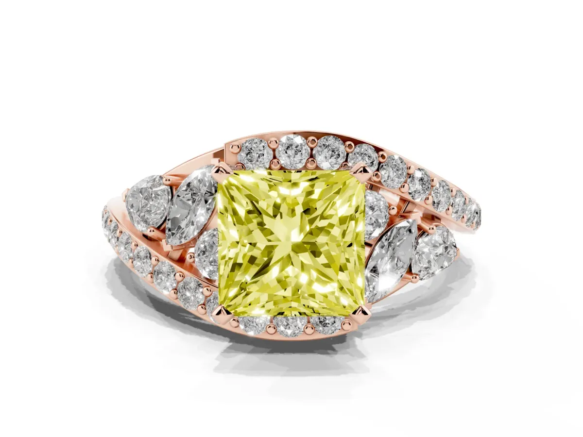 Fancy Yellow Princess Cut Diamond Halo Ring with Marquise and Pavé Band in Prong Setting Rose gold