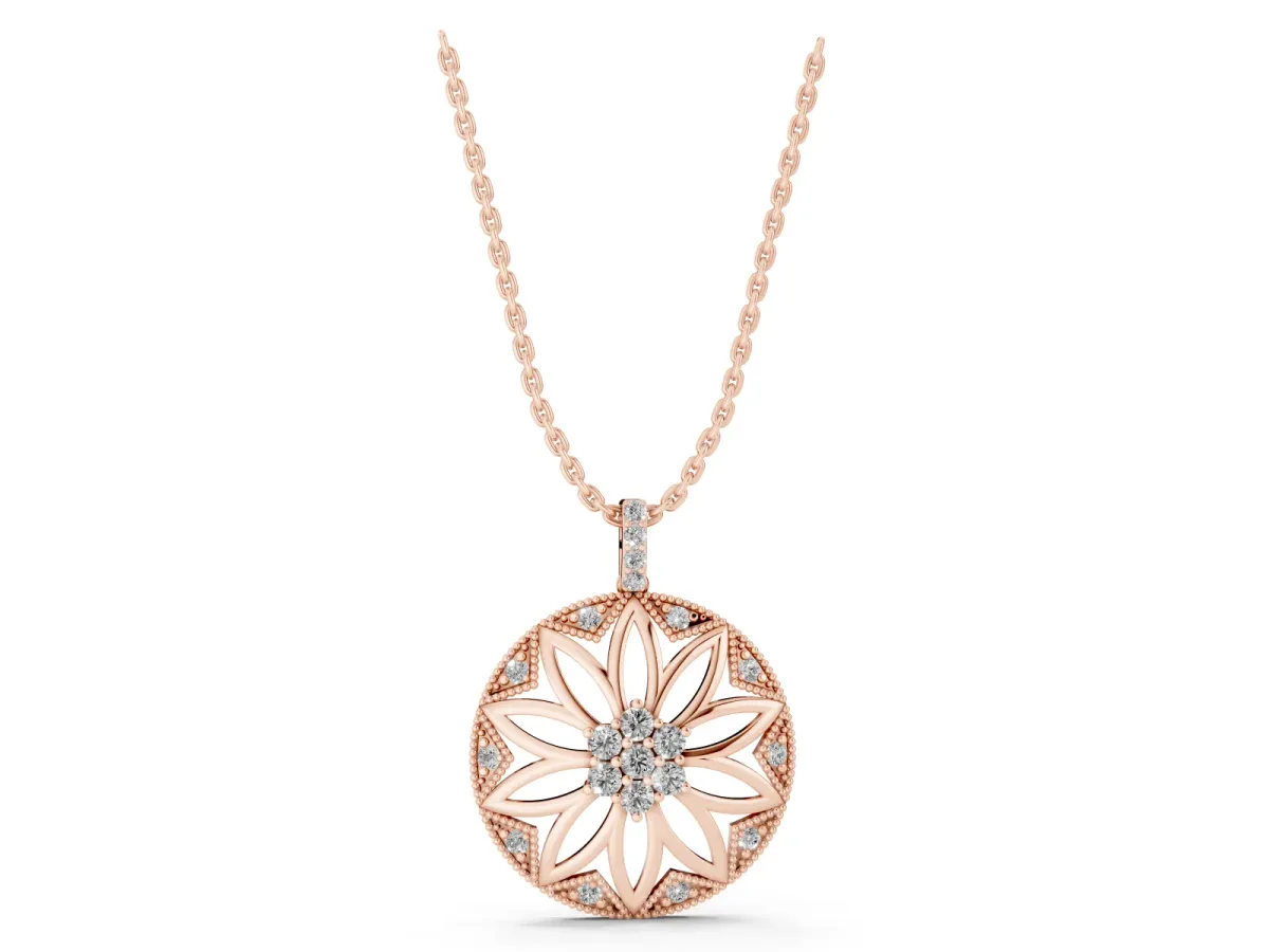 Round Diamond Cluster Flower Pendant Rose gold