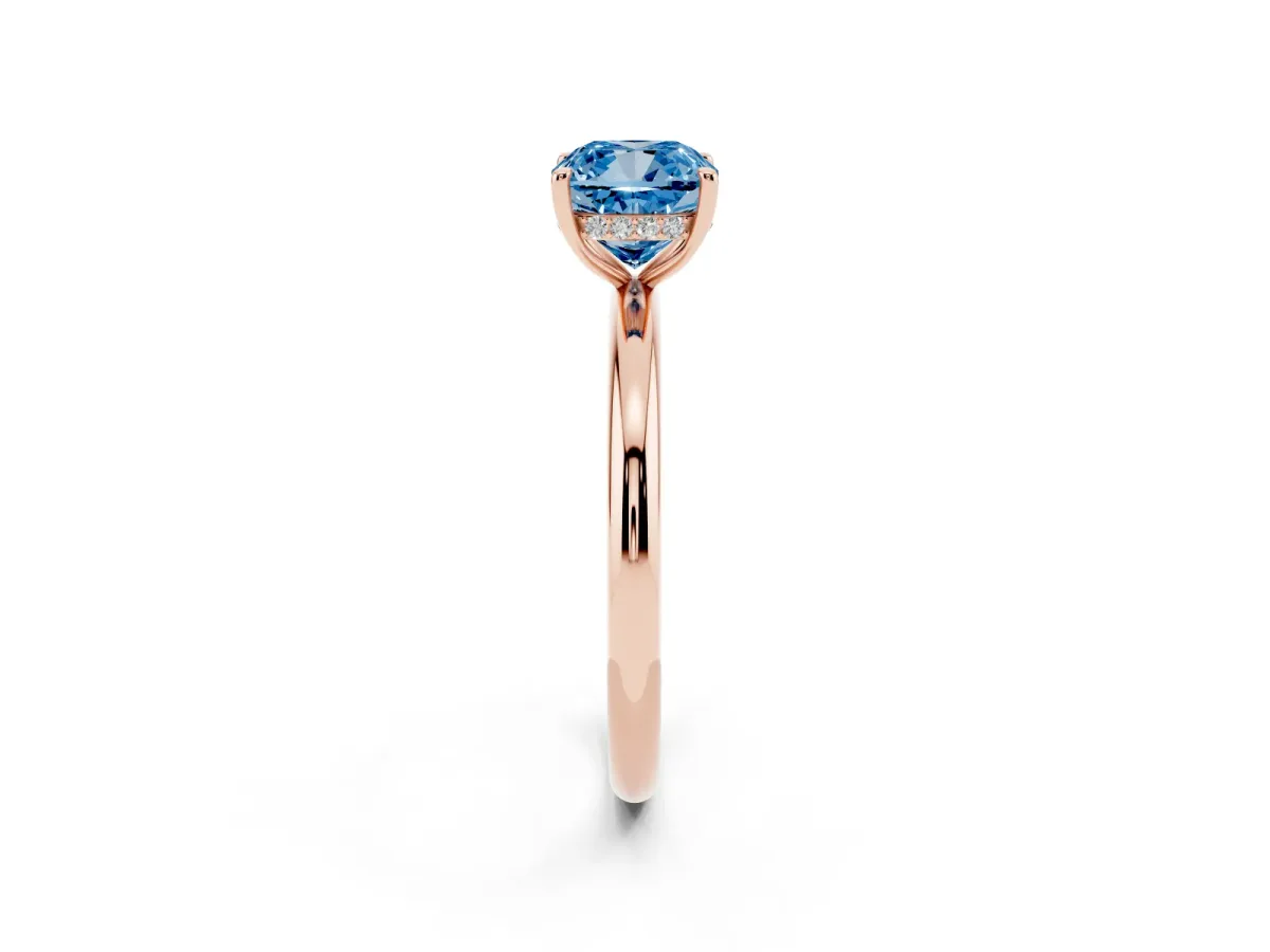 Fancy Blue Cushion Cut Diamond Solitaire Ring with Thin Band and Four-Prong Setting Rose gold