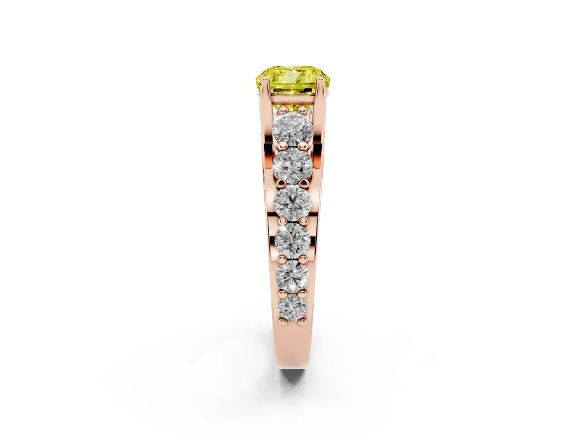 Fancy Yellow Cushion Cut Diamond Engagement Ring with Pavé Band and Four-Prong Setting Rose gold
