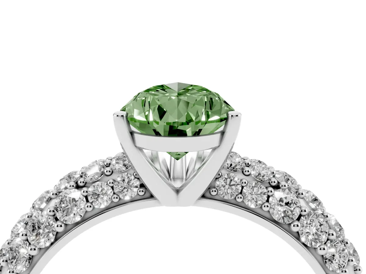 Fancy Green Pear Cut Diamond Pavé Band Solitaire Ring with Four-Prong Setting White gold