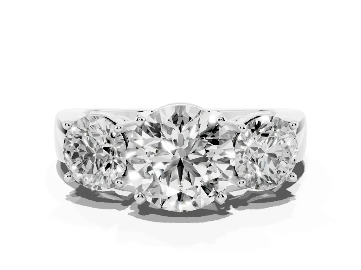 Three-Stone Round Cut Diamond Ring with Round Side Stones, Classic Band, and Four-Prong Setting White gold
