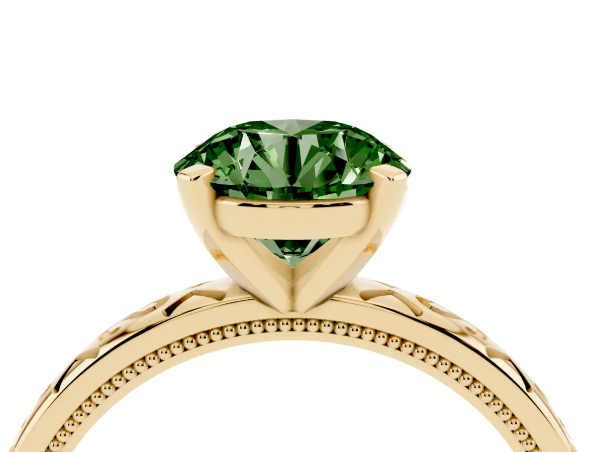Fancy Green Round Cut Solitaire Engagement Ring with Scrollwork Band and Four-Prong Setting Yellow gold