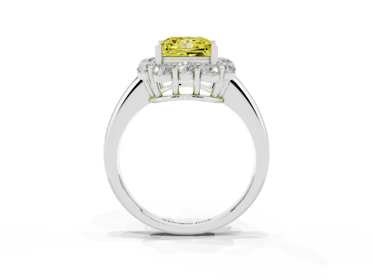 Fancy Yellow Princess Cut Halo Milgrain Solitaire with Bezel Set Side Stones and Pave Band Silver