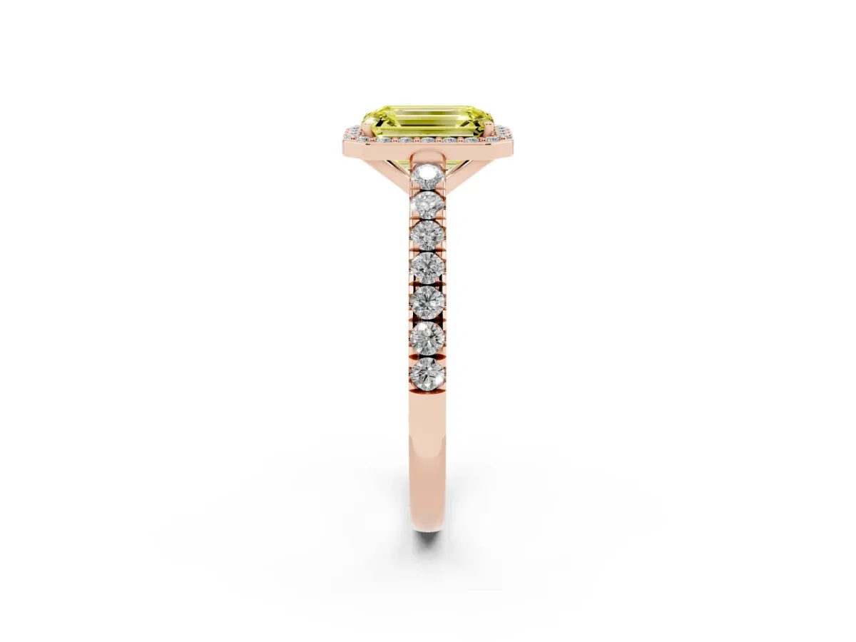 Fancy Yellow Emerald Cut Cut Halo Diamond Engagement Ring with Pave Band and Four-Prong Setting Rose gold