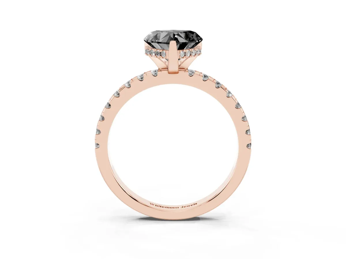 Fancy Black Heart Cut Diamond Solitaire Ring with Round Pavé Band and Four-Prong Setting Rose gold