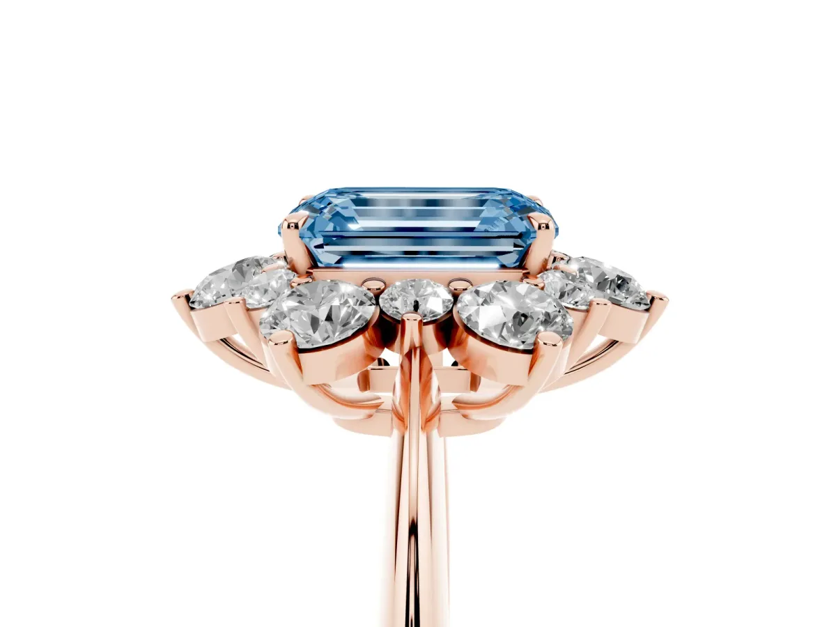 Fancy Blue Emerald Cut Diamond Cluster Halo Ring with Solitaire Band and Four-Prong Setting Rose gold