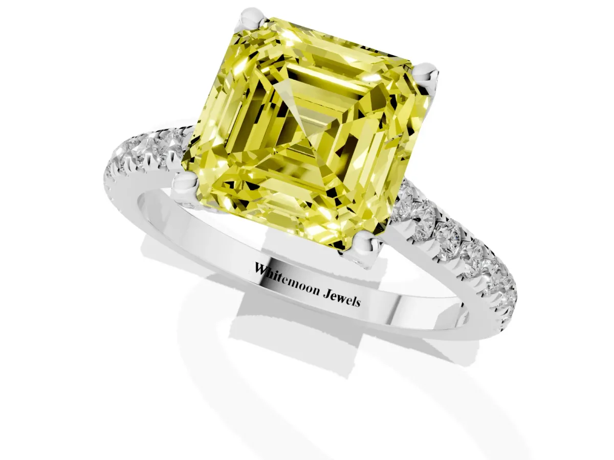 Fancy Yellow Asscher Cut Brilliant Diamond Solitaire with Pavé Band and Four-Prong Setting Silver