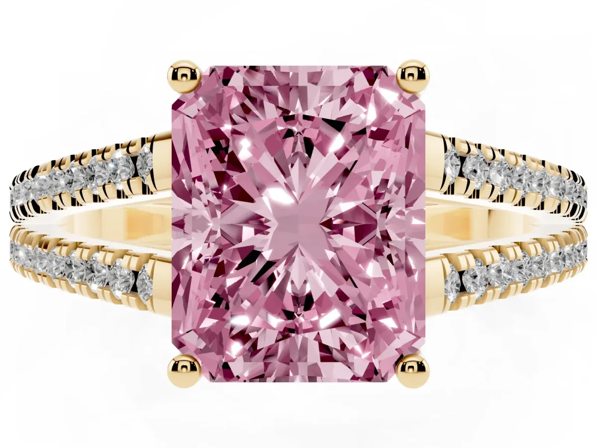 Fancy Pink Radiant Cut Diamond Solitaire Engagement Ring with Split Shank Pavé Band Yellow gold