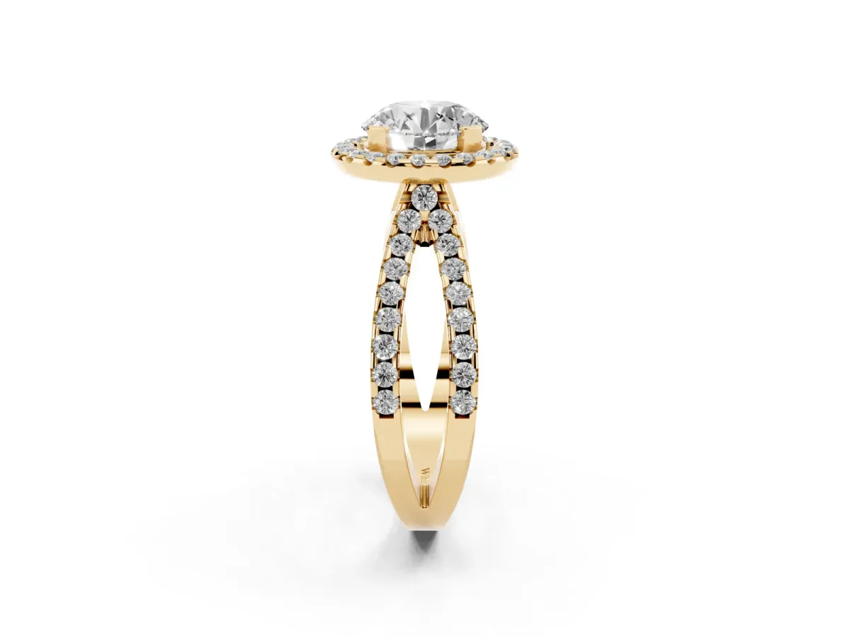 Round Cut Diamond Halo Ring with Split Shank Pavé Band and Prong Setting Yellow gold