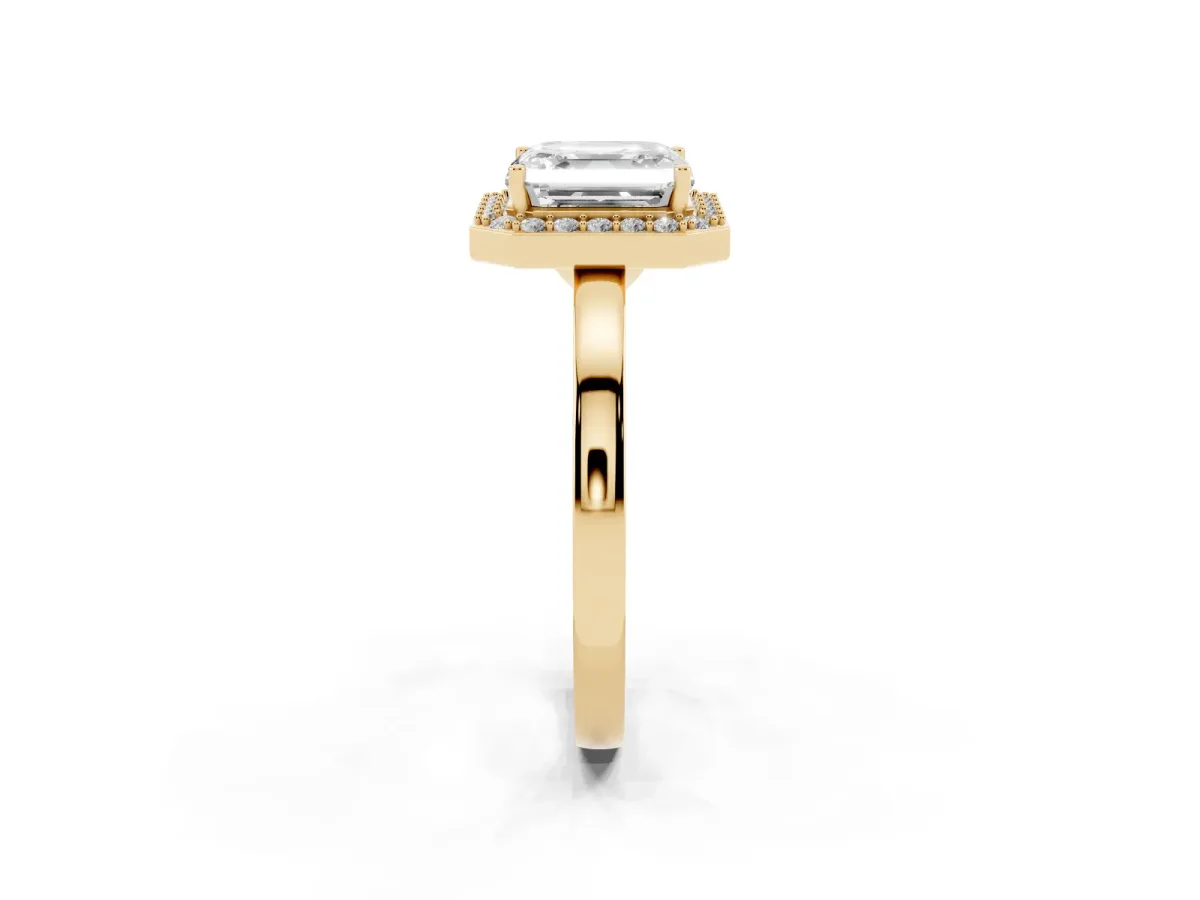 Asscher Cut Halo Diamond Ring with Solitaire Band and Prong Setting Yellow gold