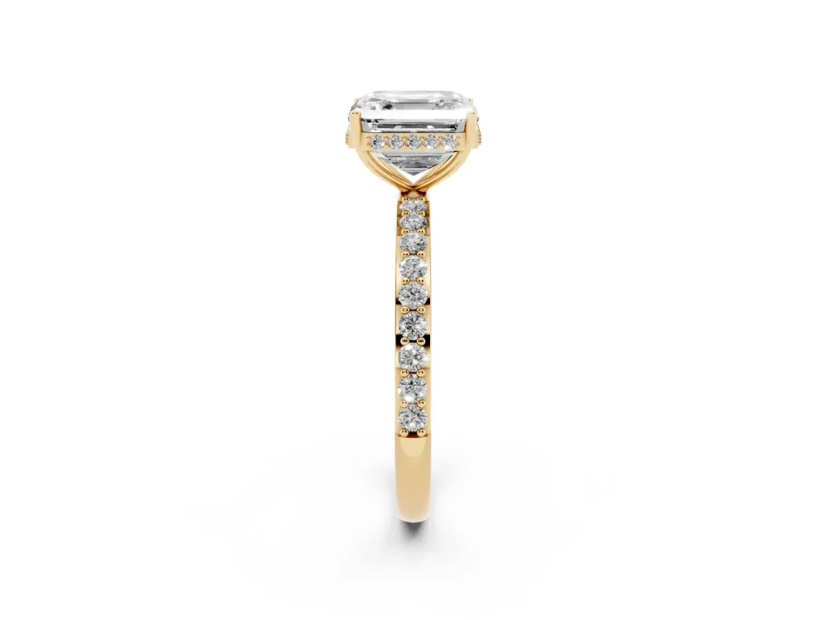 Asscher Cut Diamond Solitaire Ring with Pavé Band and Hidden Halo Yellow gold