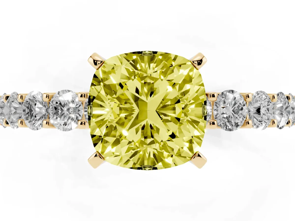 Fancy Yellow Cushion Cut Diamond Solitaire Ring with Shared Prong Pavé Band and Four-Prong Setting Yellow gold