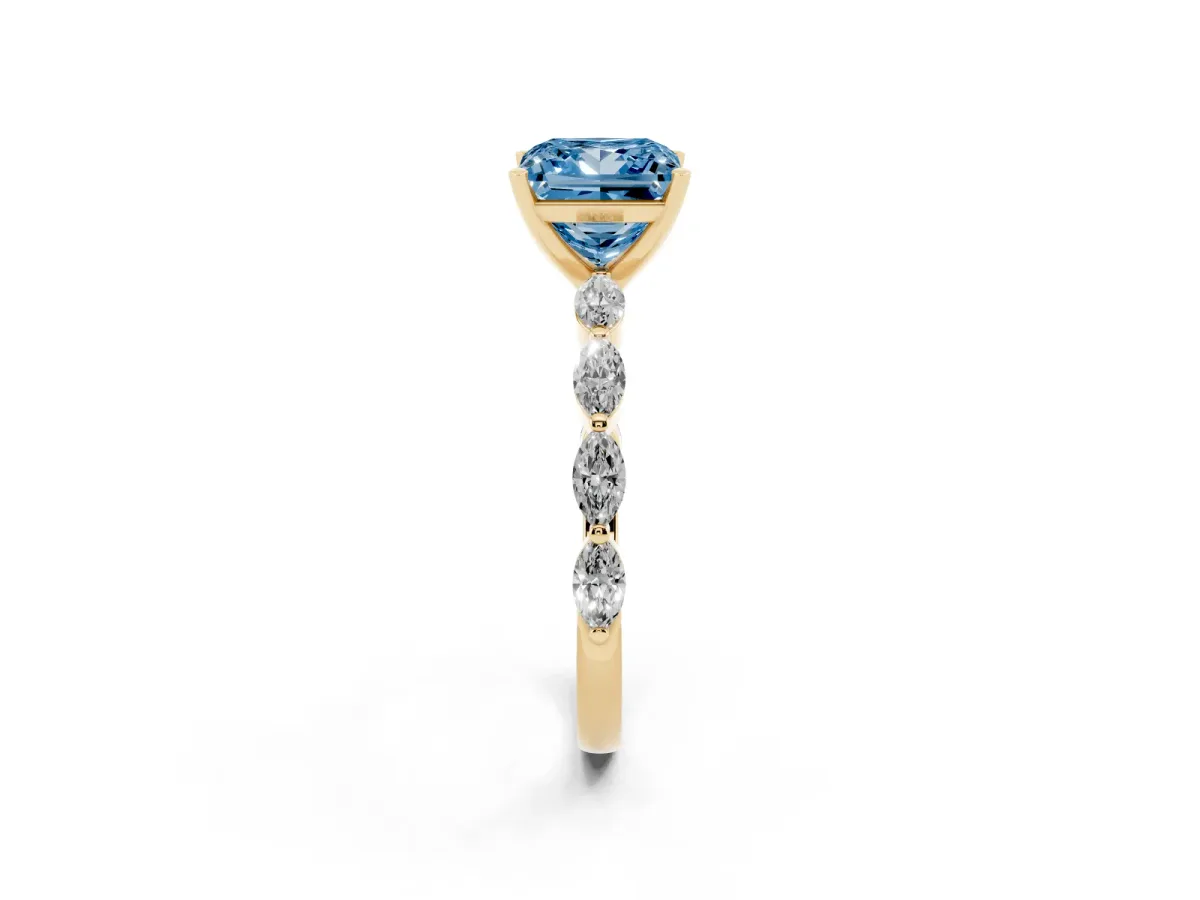 Fancy Blue Princess Cut Diamond Ring with Marquise Side Stones and Prong Setting Yellow gold