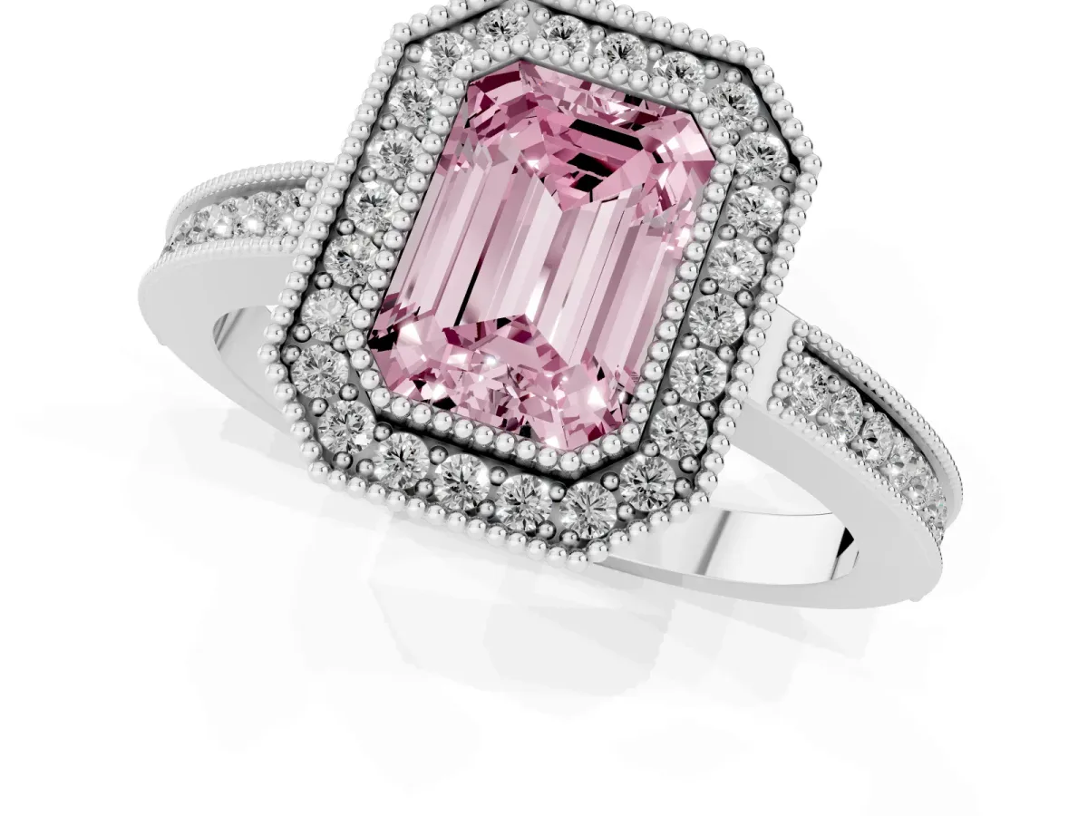 Fancy Pink Emerald Cut Cut Halo Diamond Ring with Pavé Band and Milgrain Prong Setting Silver