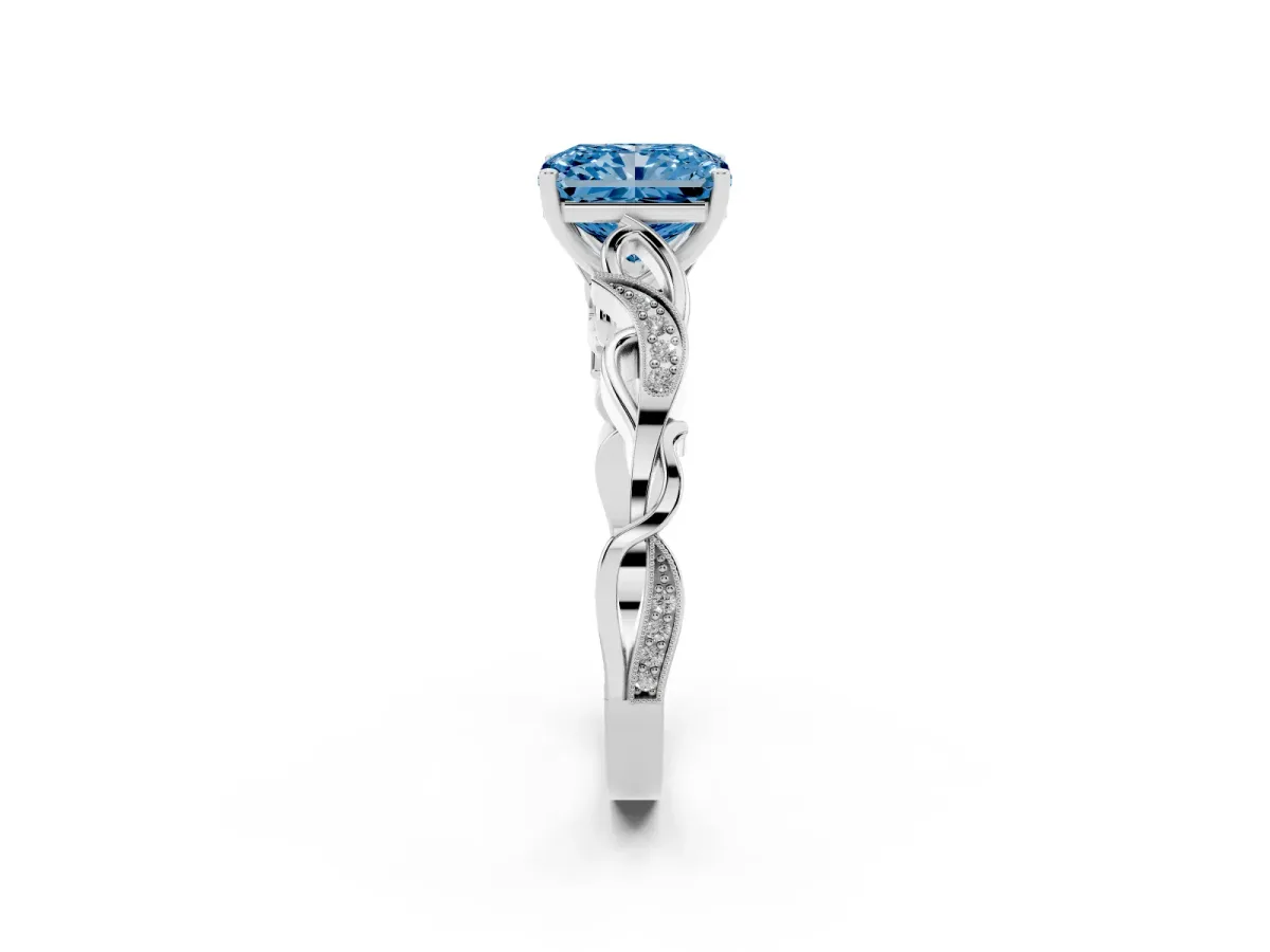 Fancy Blue Radiant Cut Solitaire Vine Band with Milgrain Prong Setting Platinum