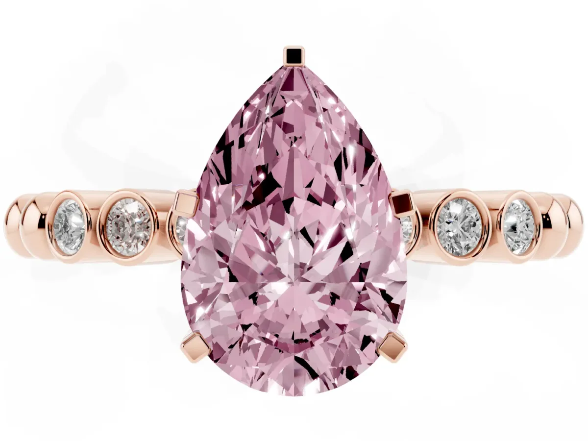 Fancy Pink Pear Cut Solitaire Bezel Accent Diamond Engagement Ring with Beaded Band and Four-Prong Setting Rose gold