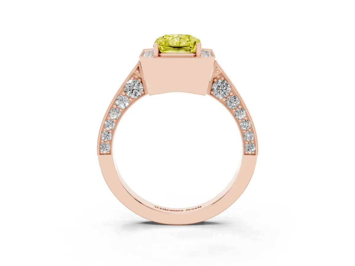 Fancy Yellow Radiant Cut Halo Diamond Engagement Ring with Split Shank Band and Four-Prong Setting Rose gold