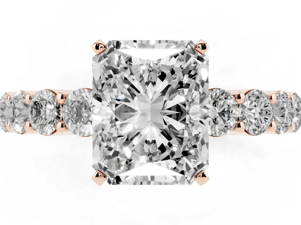 Radiant Cut Diamond Solitaire Ring with Shared Prong Round Side Stones Rose gold