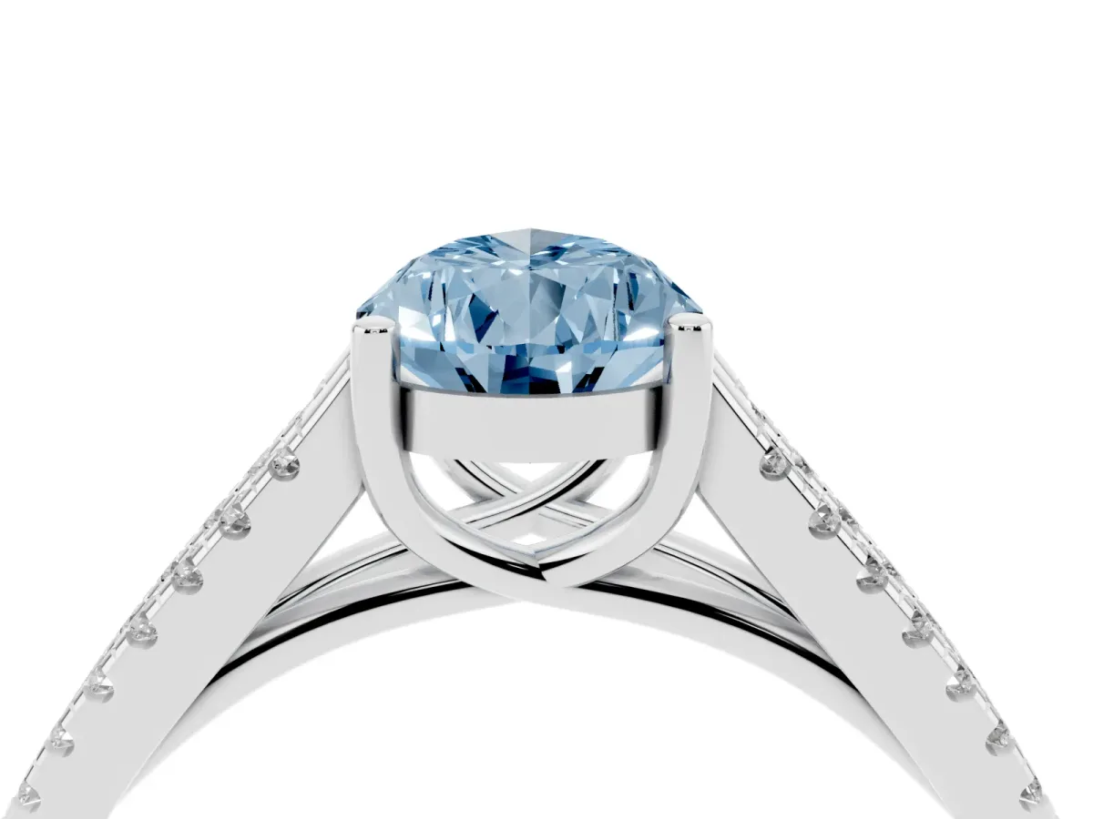 Fancy Blue Pear Cut Diamond Solitaire Engagement Ring with Split Shank Pavé Band Platinum